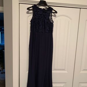 Navy blue lace Lulus gown.